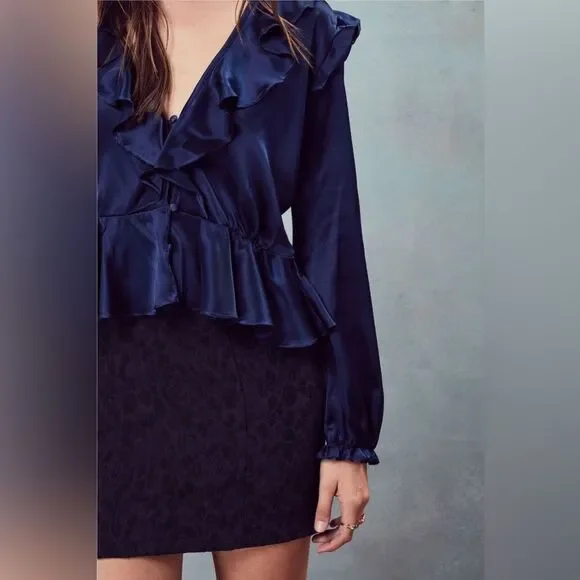 For Love and Lemons 🍋 Blue Satin Better Open Back Ruffle Blouse Size S - Picture 4 of 11